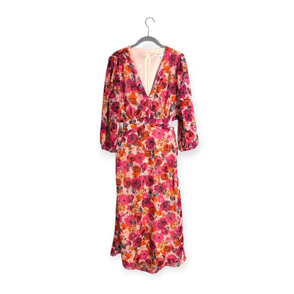 Julia Jordan Pink Floral V-Neck 3/4‎ Sleeve Cut-Out Midi Dress Size 12 NWT - Picture 2 of 14